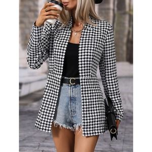 Notched collar Houndstooth Print Open Front peaCoat pea coat black ehite